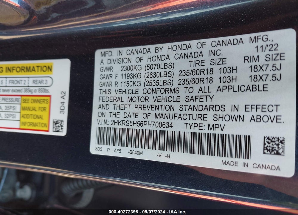 2023 HONDA CR-V HYBRID SPORT VIN: 2HKRS5H56PH700634