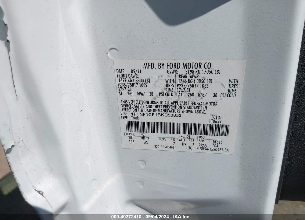 2011 FORD F-150 XL VIN: 1FTNF1CF1BKD50853