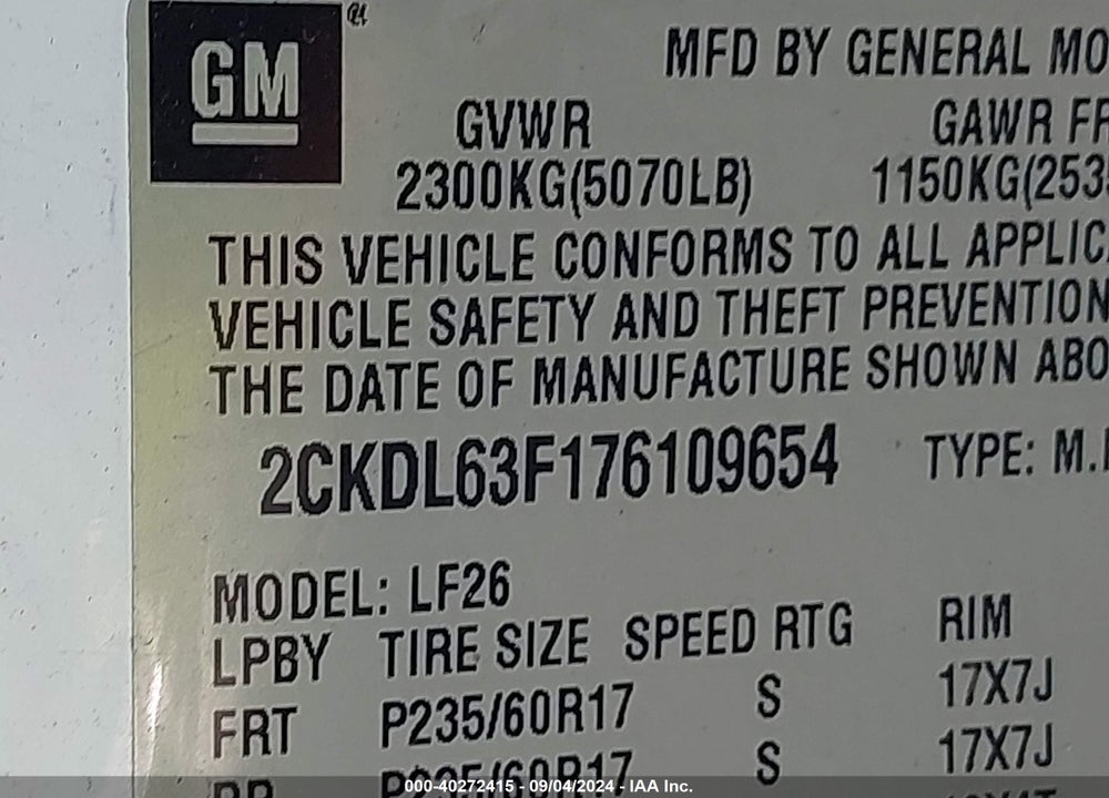 2007 PONTIAC TORRENT VIN: 2CKDL63F176109654