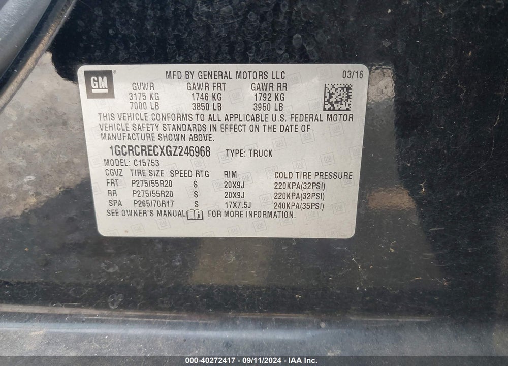 2016 CHEVROLET SILVERADO 1500 1LT VIN: 1GCRCRECXGZ246968