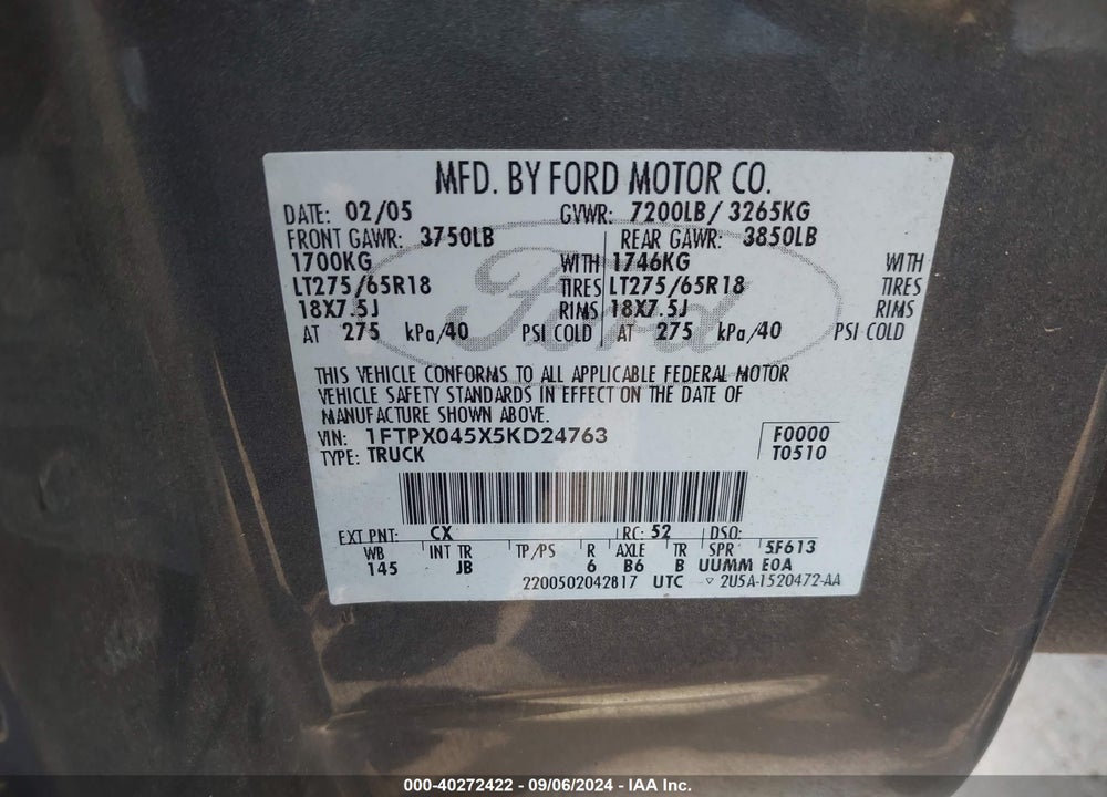 2005 FORD F-150 FX4/XLT VIN: 1FTPX045X5KD24763