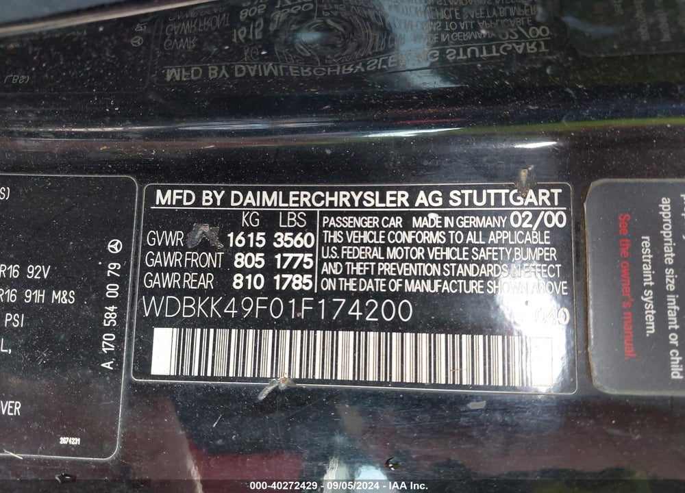 2001 MERCEDES-BENZ SLK 230 KOMPRESSOR VIN: WDBKK49F01F174200