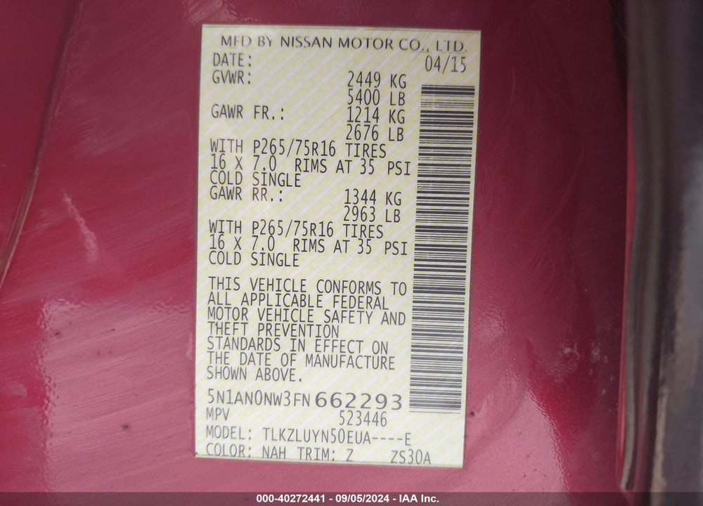2015 NISSAN XTERRA PRO - 4X VIN: 5N1AN0NW3FN662293