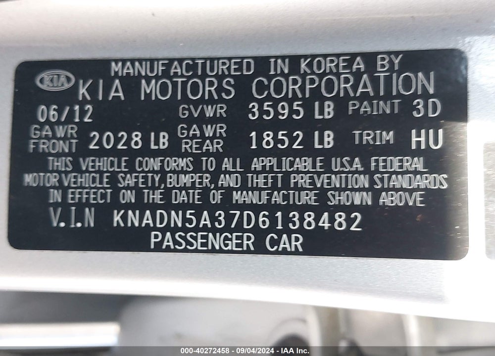 2013 KIA RIO EX VIN: KNADN5A37D6138482
