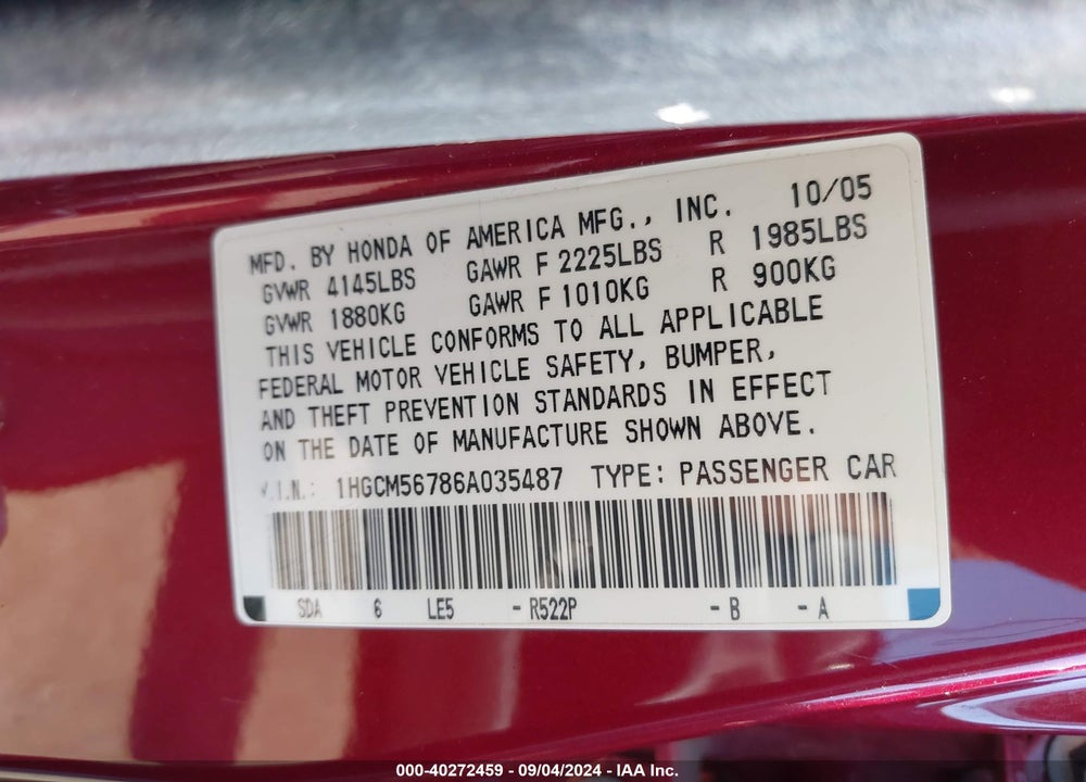 2006 HONDA ACCORD 2.4 EX VIN: 1HGCM56786A035487