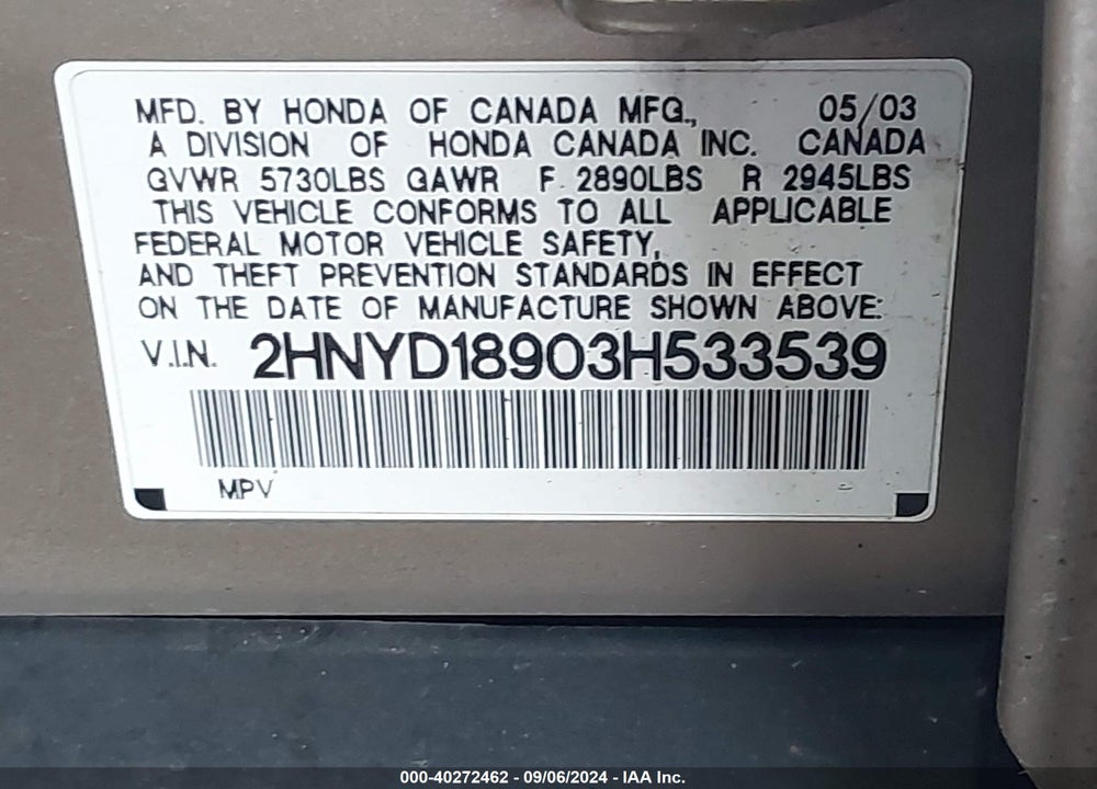 2003 ACURA MDX VIN: 2HNYD18903H533539