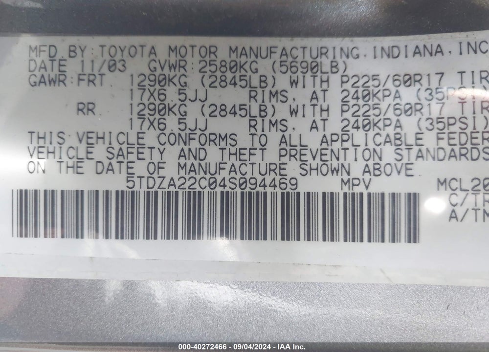 2004 TOYOTA SIENNA XLE LIMITED VIN: 5TDZA22C04S094469