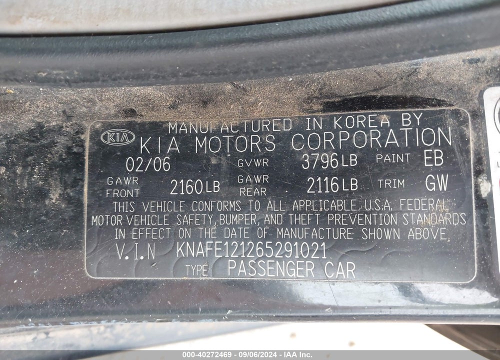 2006 KIA SPECTRA EX/LX/SX VIN: KNAFE121265291021