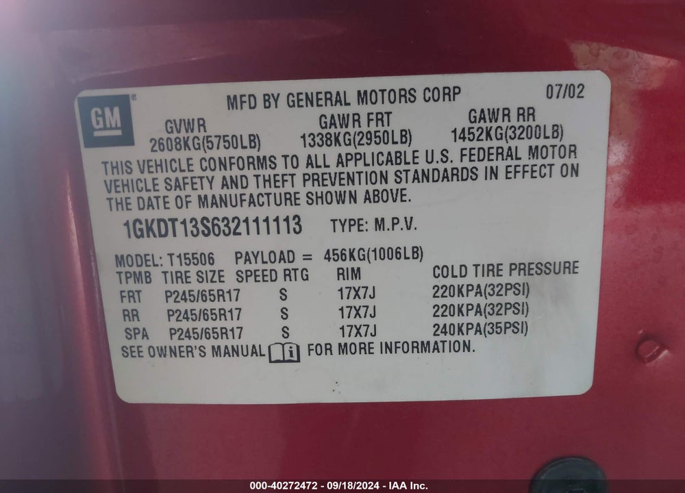 2003 GMC ENVOY SLT VIN: 1GKDT13S632111113