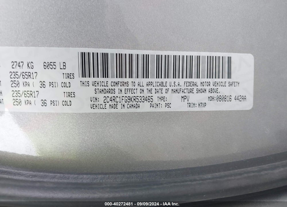 2019 CHRYSLER PACIFICA TOURING PLUS VIN: 2C4RC1FG9KR533465