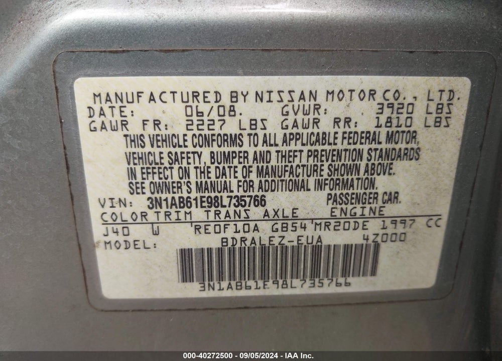 2008 NISSAN SENTRA 2.0S VIN: 3N1AB61E98L735766