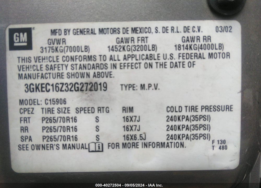 2002 GMC YUKON XL 1500 SLT VIN: 3GKEC16Z32G272019