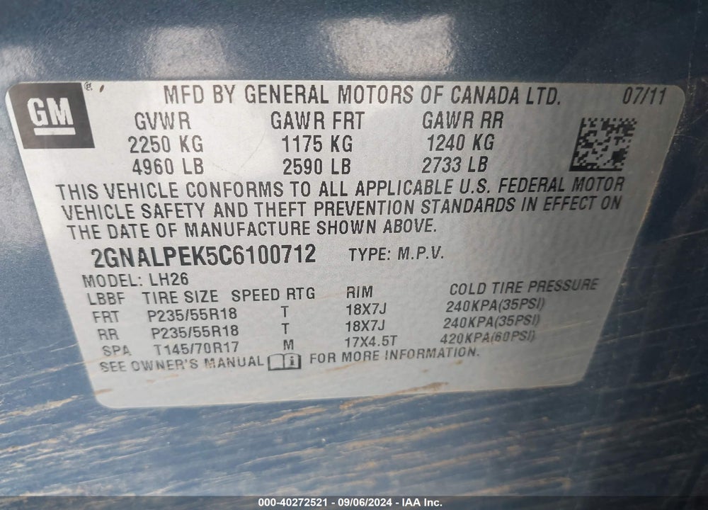 2012 CHEVROLET EQUINOX 2LT VIN: 2GNALPEK5C6100712