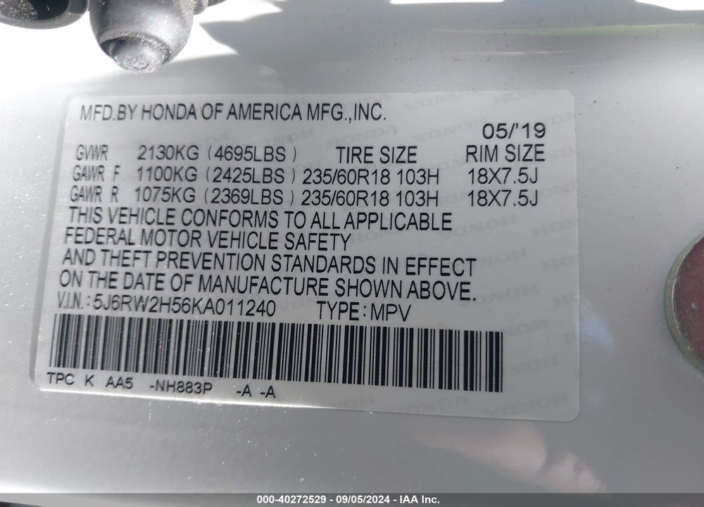 2019 HONDA CR-V EX VIN: 5J6RW2H56KA011240