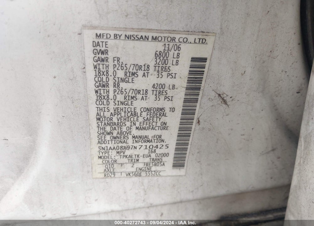 2007 NISSAN ARMADA SE VIN: 5N1AA08A97N710425