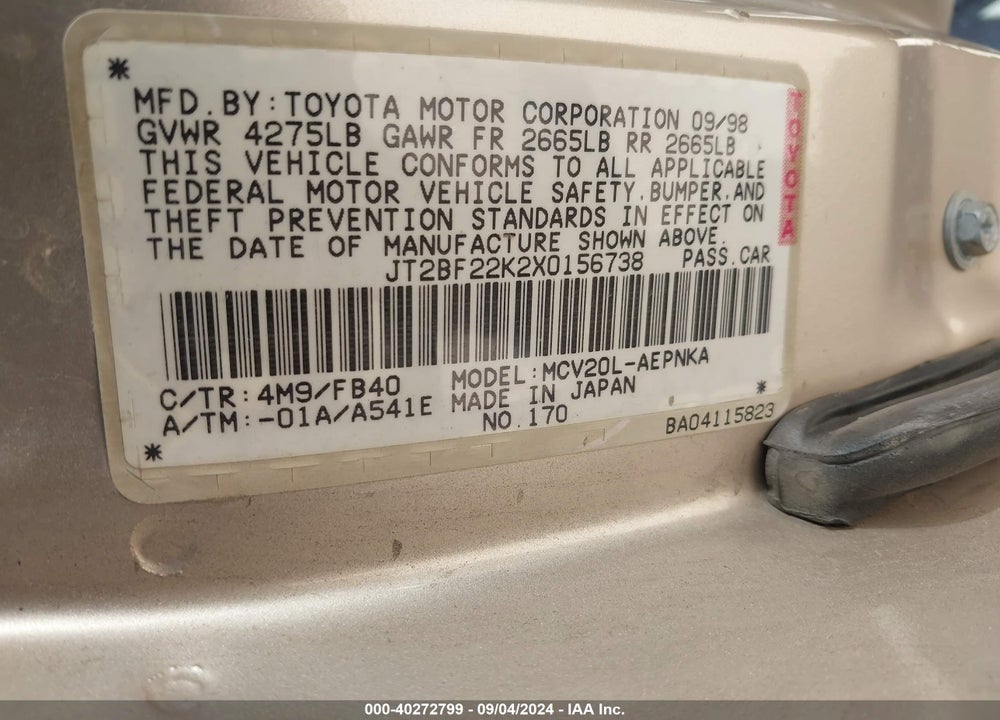 1999 TOYOTA CAMRY LE V6 VIN: JT2BF22K2X0156738