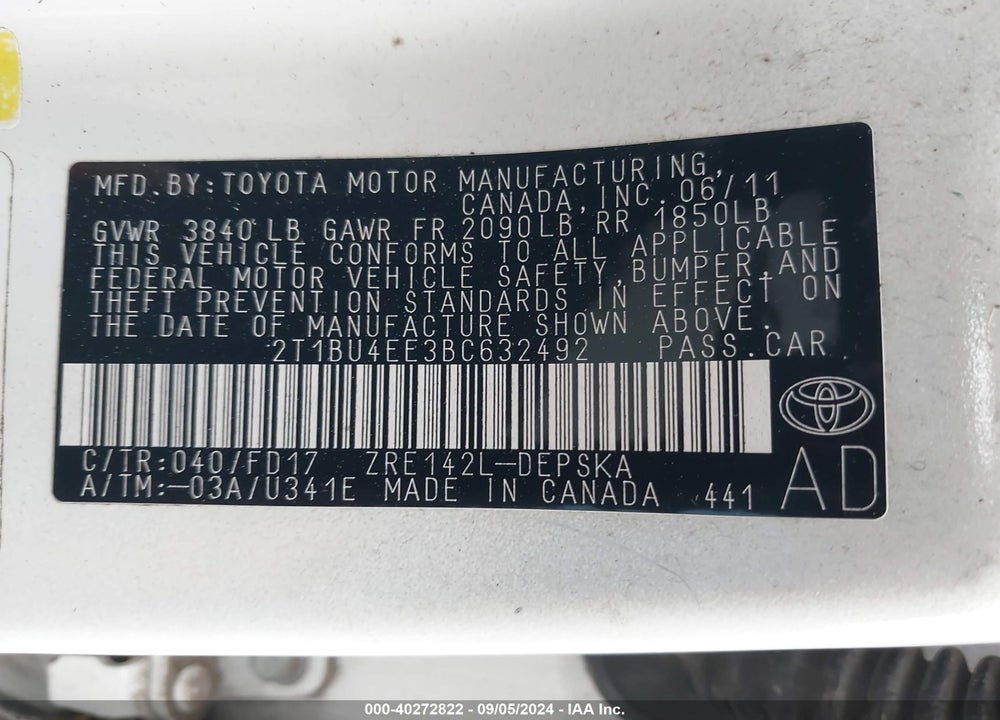 2011 TOYOTA COROLLA S VIN: 2T1BU4EE3BC632492