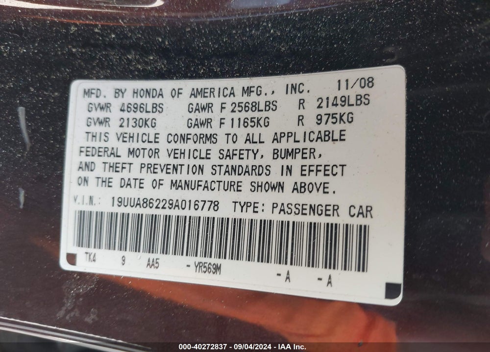 2009 ACURA TL 3.5 VIN: 19UUA86229A016778