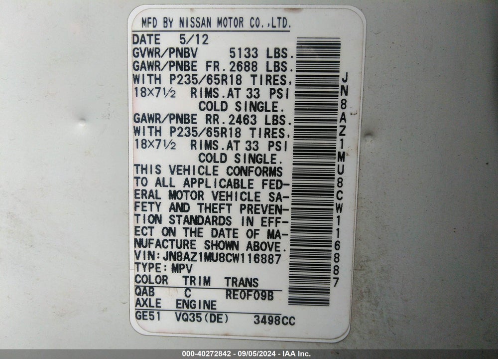 2012 NISSAN MURANO S VIN: JN8AZ1MU8CW116887