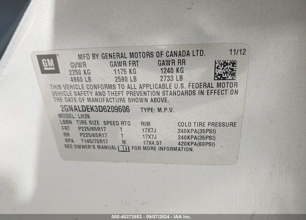 2013 CHEVROLET EQUINOX 1LT VIN: 2GNALDEK3D6209606