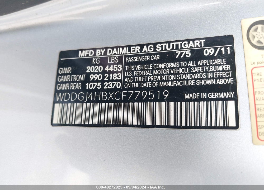 2012 MERCEDES-BENZ C 250 VIN: WDDGJ4HBXCF779519