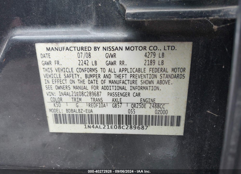 2008 NISSAN ALTIMA 2.5 S VIN: 1N4AL21E08C289687