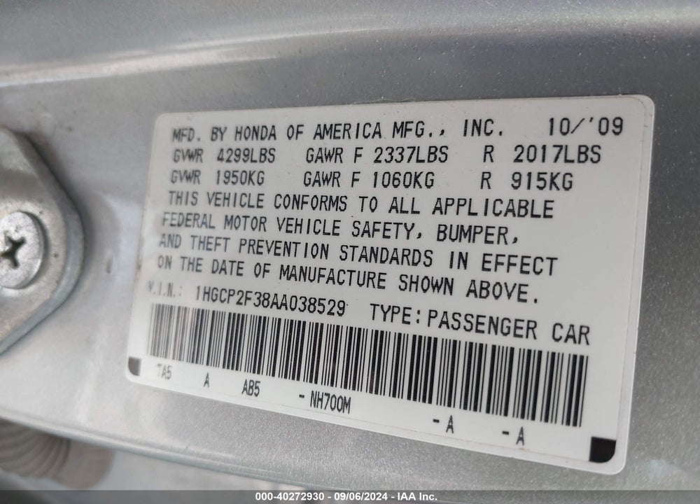 2010 HONDA ACCORD 2.4 LX VIN: 1HGCP2F38AA038529
