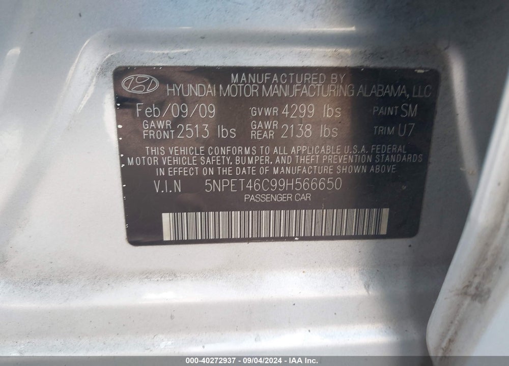 2009 HYUNDAI SONATA GLS VIN: 5NPET46C99H566650