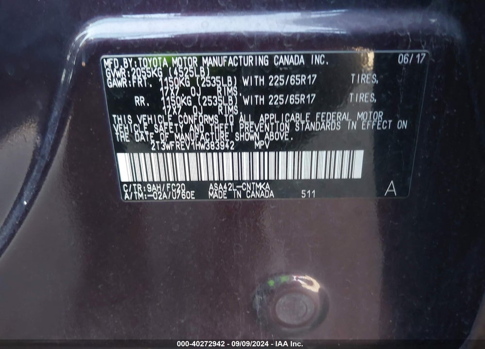 2017 TOYOTA RAV4 XLE VIN: 2T3WFREV1HW383942