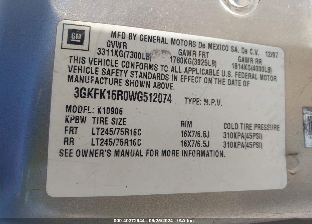 1998 GMC SUBURBAN 1500 SL VIN: 3GKFK16R0WG512074
