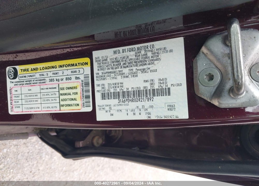 2013 FORD FUSION SE VIN: 3FA6P0HR0DR217892