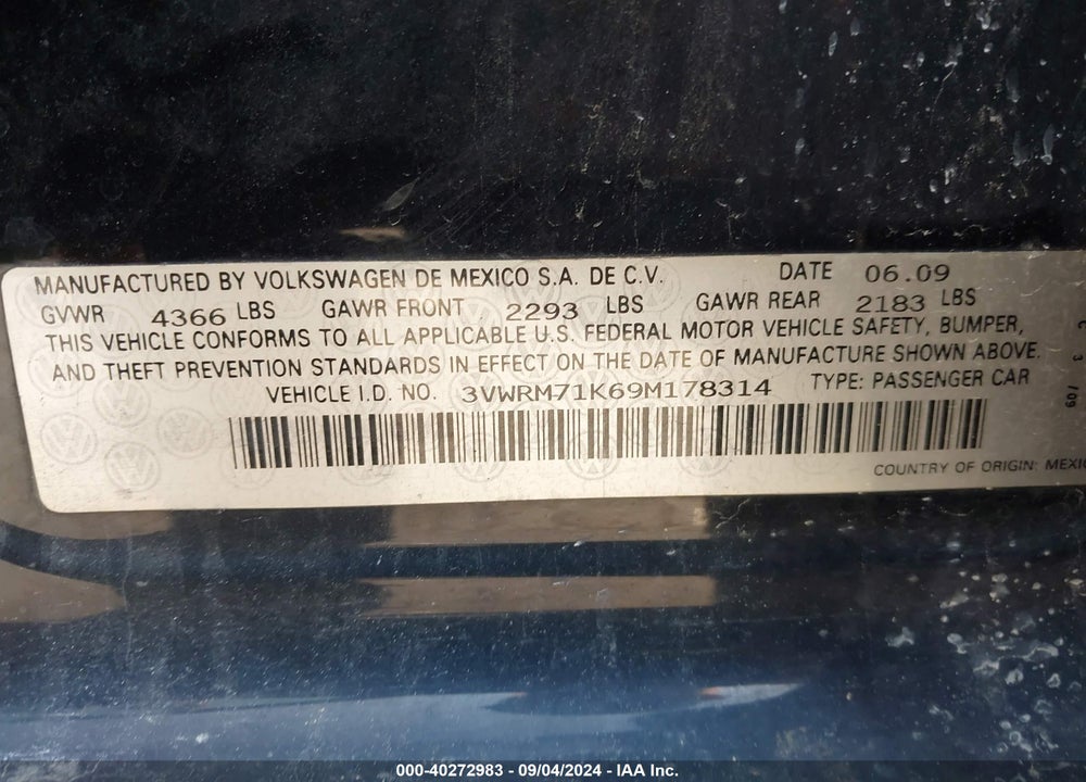 2009 VOLKSWAGEN JETTA SE VIN: 3VWRM71K69M178314