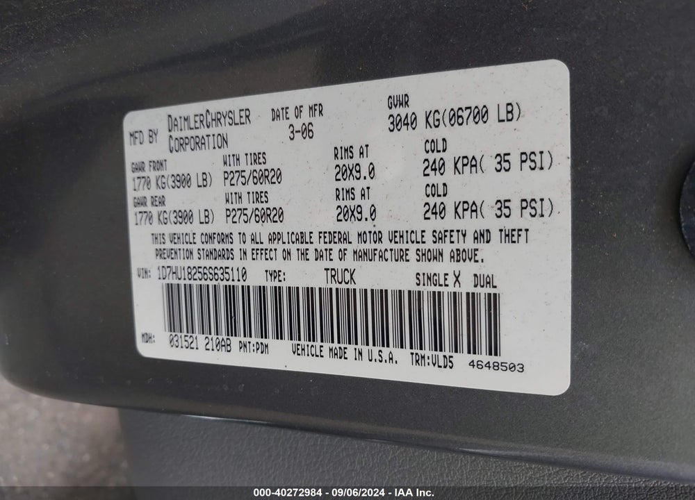 2006 DODGE RAM 1500 LARAMIE VIN: 1D7HU18256S635110