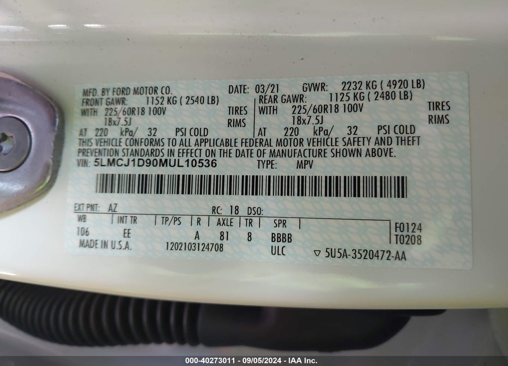 2021 LINCOLN CORSAIR STANDARD VIN: 5LMCJ1D90MUL10536