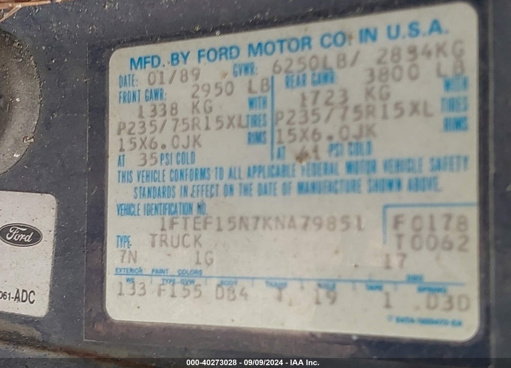 1989 FORD F150 VIN: 1FTEF15N7KNA79851