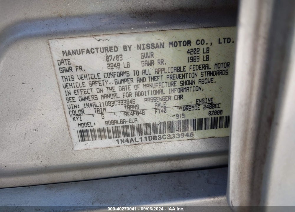 2003 NISSAN ALTIMA 2.5 S VIN: 1N4AL11D83C333946
