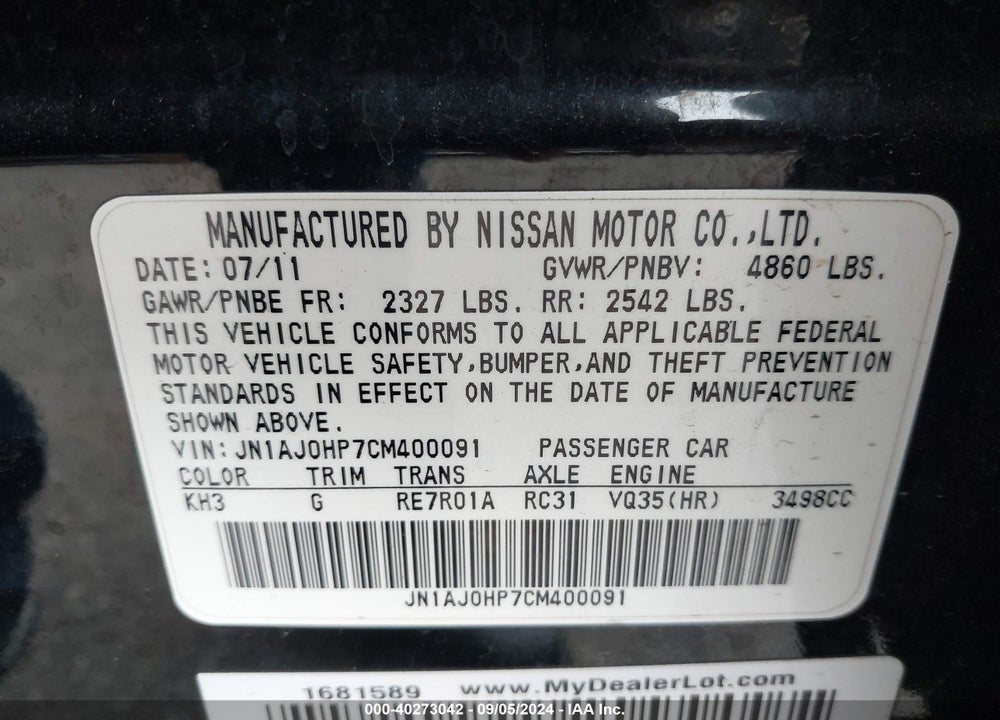 2012 INFINITI EX35 JOURNEY VIN: JN1AJ0HP7CM400091