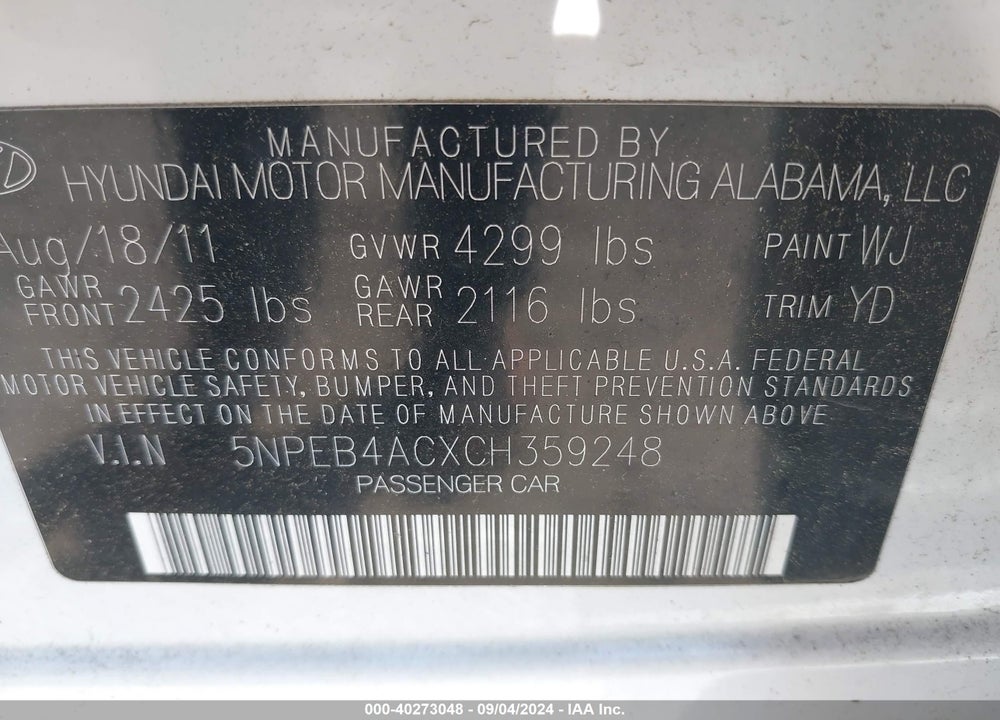 2012 HYUNDAI SONATA GLS VIN: 5NPEB4ACXCH359248