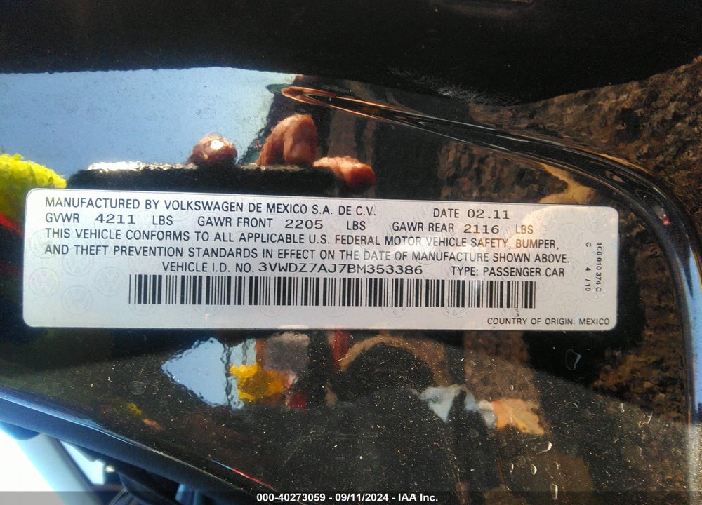 2011 VOLKSWAGEN JETTA 2.5L SE VIN: 3VWDZ7AJ7BM353386