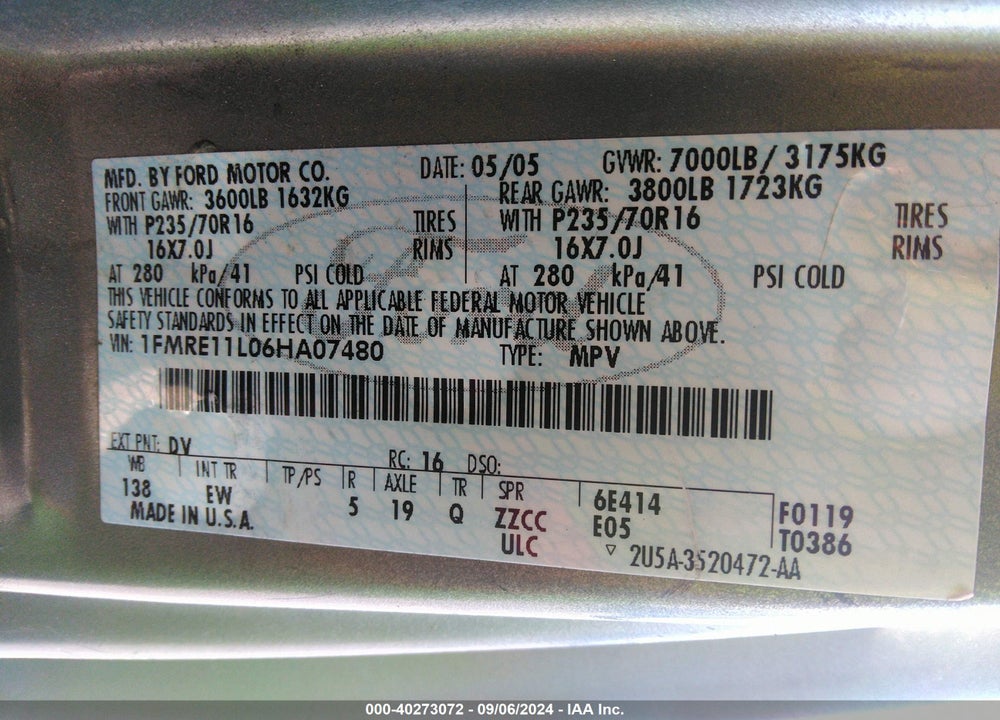 2006 FORD E-150 XL/XLT VIN: 1FMRE11L06HA07480