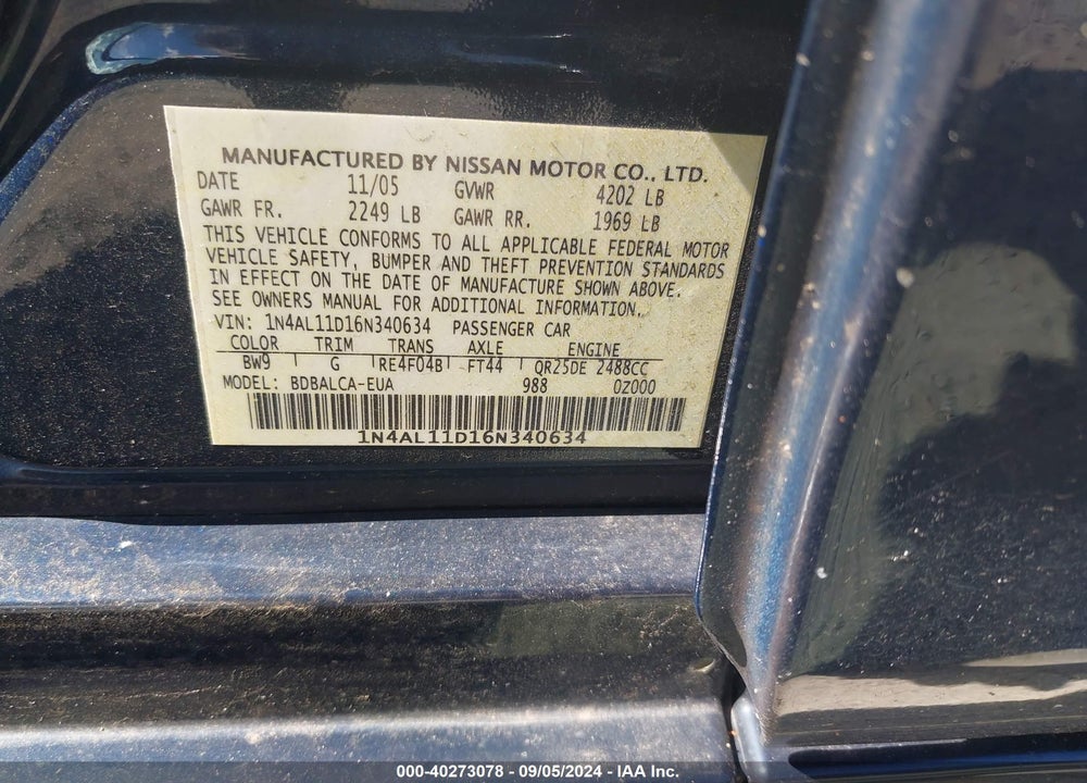 2006 NISSAN ALTIMA 2.5/2.5 S VIN: 1N4AL11D16N340634