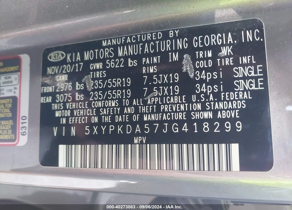 2018 KIA SORENTO 3.3L SX VIN: 5XYPKDA57JG418299