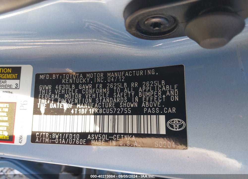2012 TOYOTA CAMRY LE VIN: 4T1BF1FK8CU572755