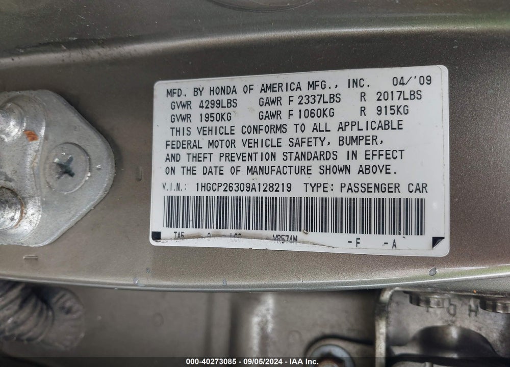 2009 HONDA ACCORD 2.4 LX VIN: 1HGCP26309A128219