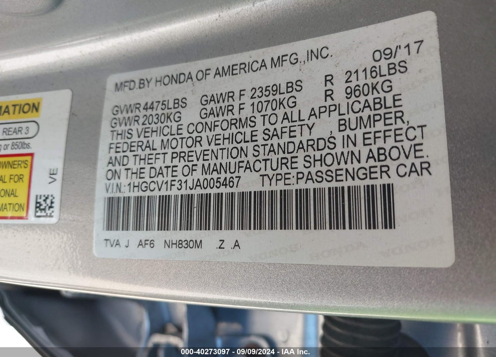 2018 HONDA ACCORD SPORT VIN: 1HGCV1F31JA005467