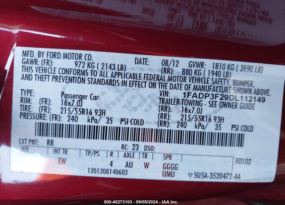 2013 FORD FOCUS VIN: 1FADP3F29DL112149