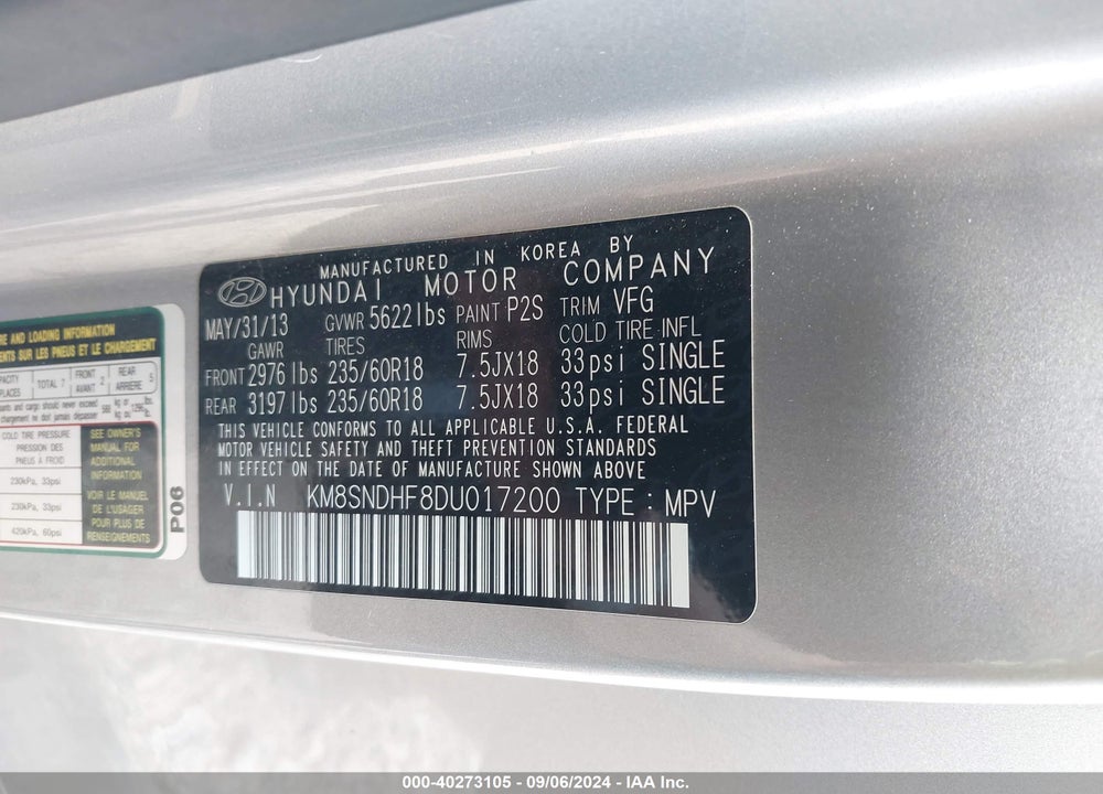 2013 HYUNDAI SANTA FE GLS VIN: KM8SNDHF8DU017200