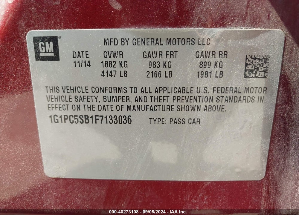 2015 CHEVROLET CRUZE 1LT AUTO VIN: 1G1PC5SB1F7133036