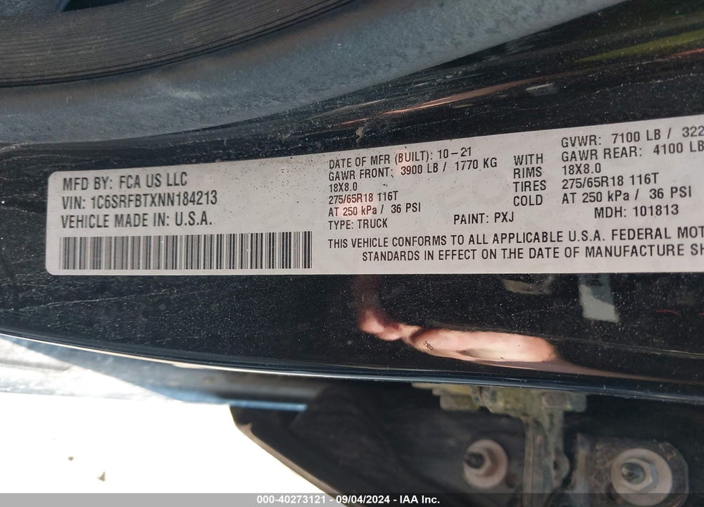 2022 RAM 1500 BIG HORN QUAD CAB 4X4 6'4 BOX VIN: 1C6SRFBTXNN184213