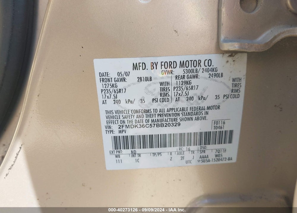 2007 FORD EDGE SE VIN: 2FMDK36C57BB20329